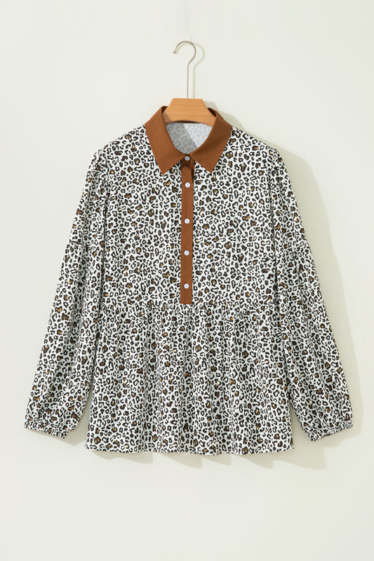 Plus Size Leopard Contrast Trim Puff Sleeve Blouse