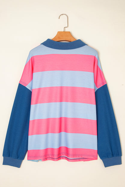 Plus Size Stripe Colorblock Patchwork Half-Zip Top