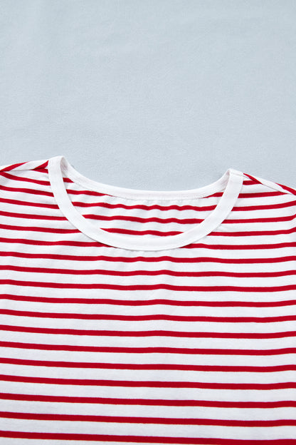 Stripe Contrast Trim Round Neck Puff Sleeve T-Shirt