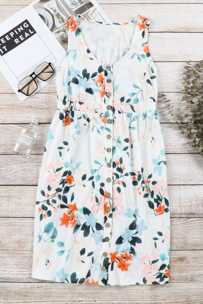 Floral Sleeveless Button Up Waist Mini Dress