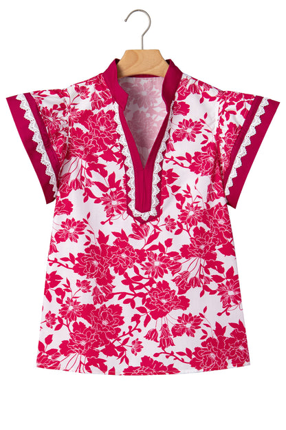 Floral Colorblock Lace V-Neck Flutter Sleeve Blouse