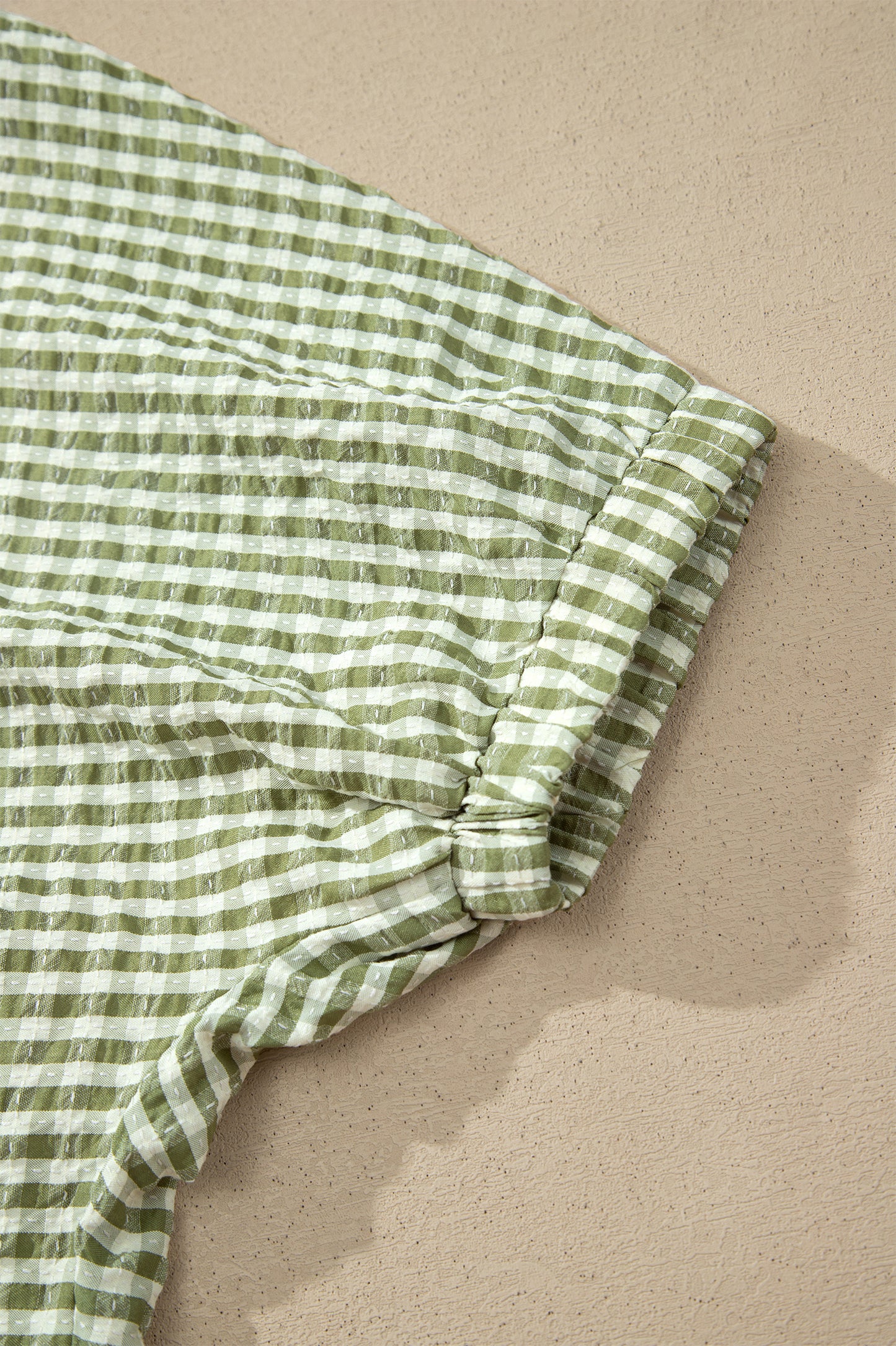 Gingham Plaid Colorblock Trim Split Neck Blouse