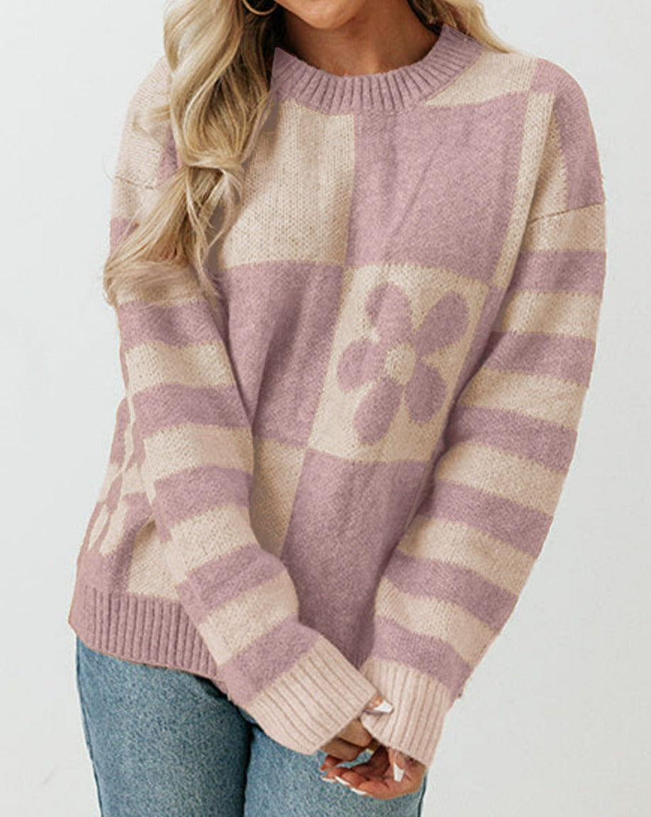 Checkered Floral Stripe Colorblock Sweater