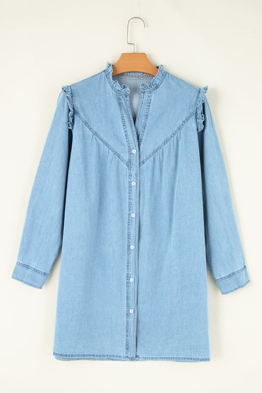Denim Ruffle V-Neck Buttoned Mini Dress
