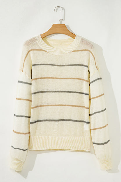 Stripe Ribbed Trim Drop Shoulder Sweater