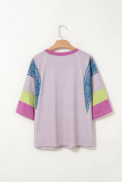 Floral Stripe Colorblock Raw Edge Patchwork Blouse