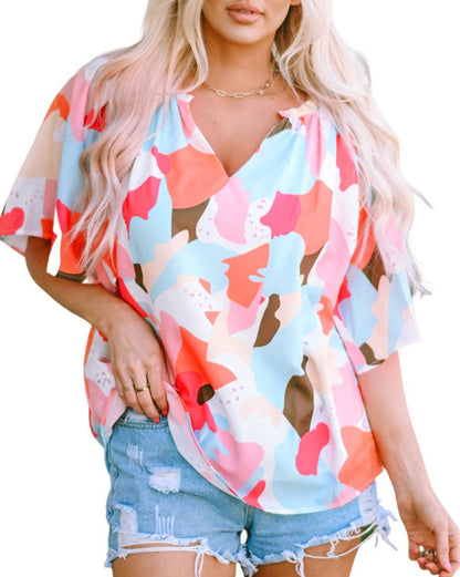 Abstract Short Sleeve V-Neck Blouse