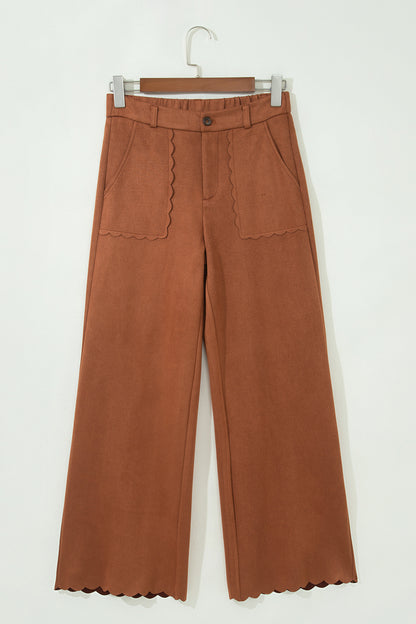 Solid Scalloped Edge Pocketed High Waist Pants