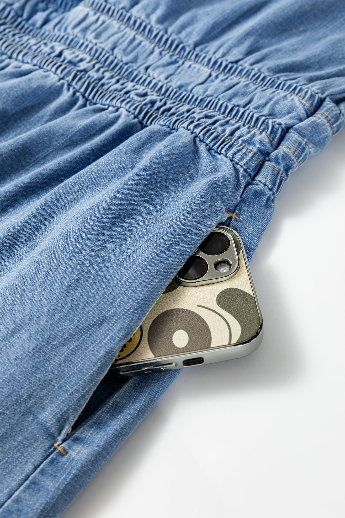 Denim Elastic Waist Short Sleeve Mini Dress