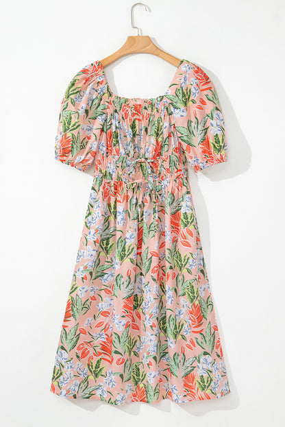 Floral Smocked Bust Bubble Sleeve Maxi Dress