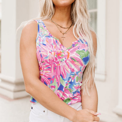 Floral Notched V-Neck Sleeveless Top