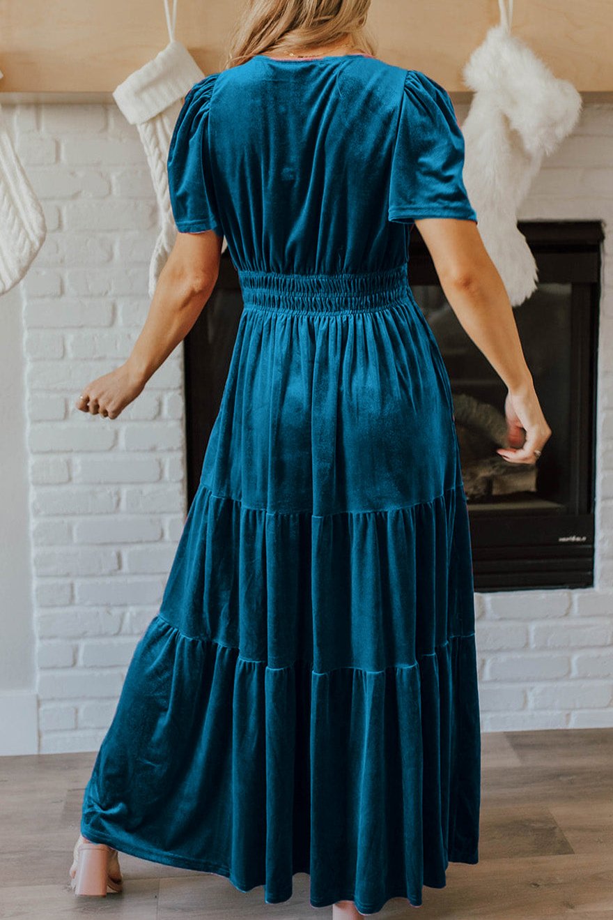 Velvet Shirred Waist Maxi Dress