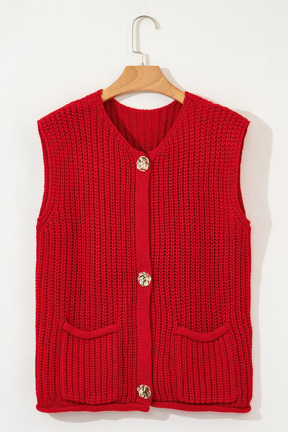 Solid Textured Buttoned Oversized Sweater Vest