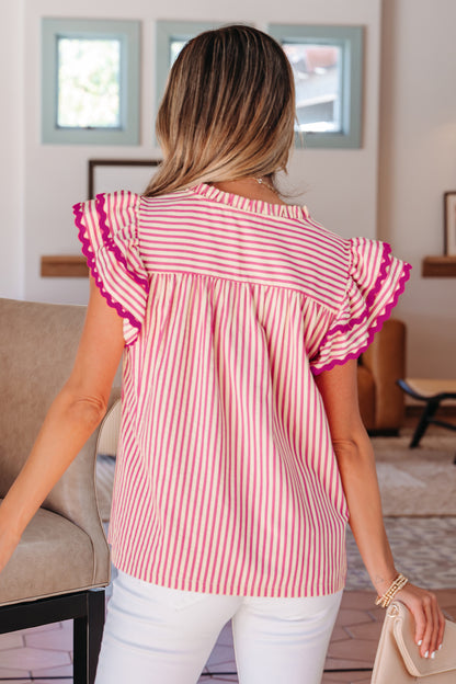 Stripe Smocked Yoke Short Sleeve Ruffle Blouse