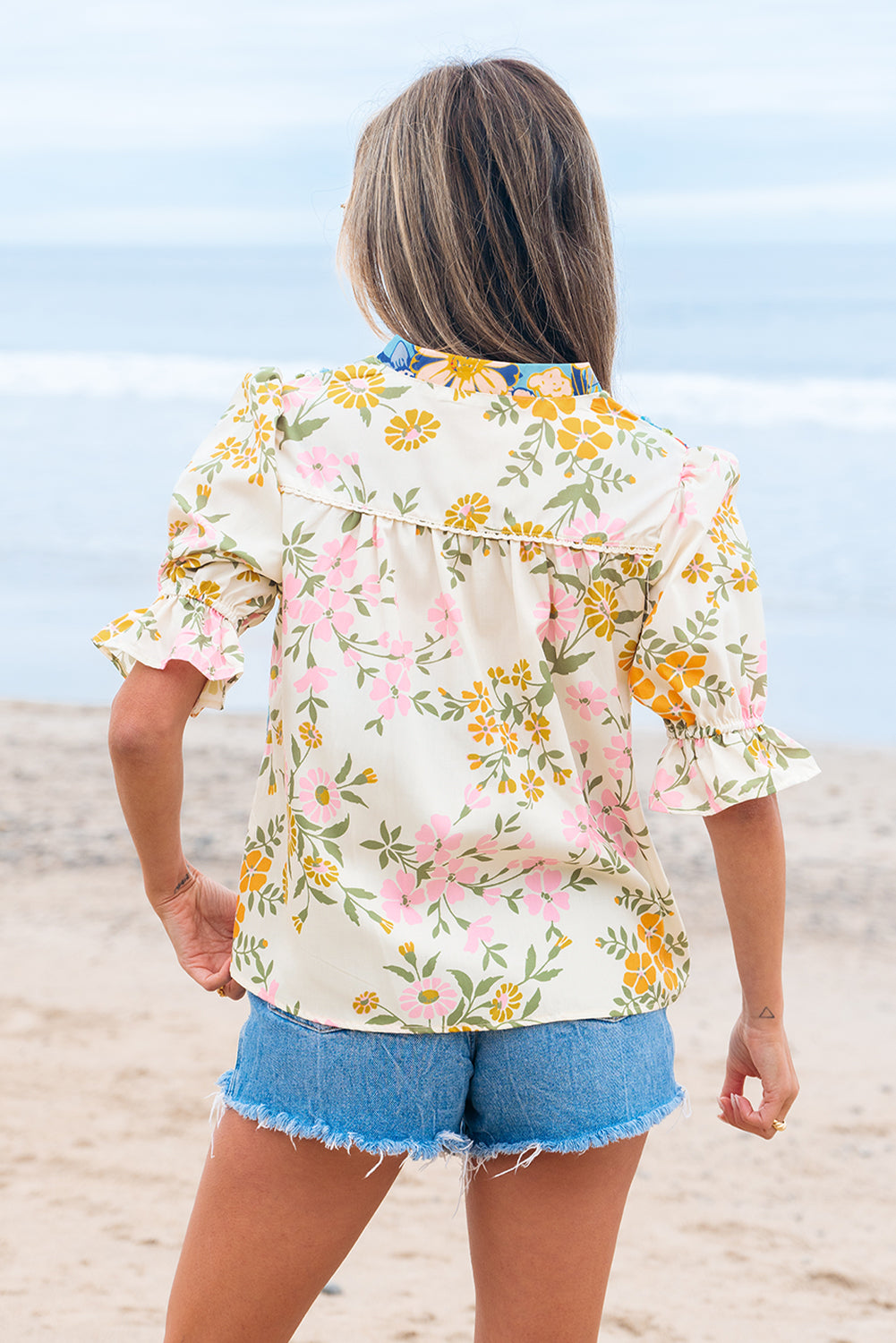 Floral Boho Crochet V-Neck Short Sleeve Blouse