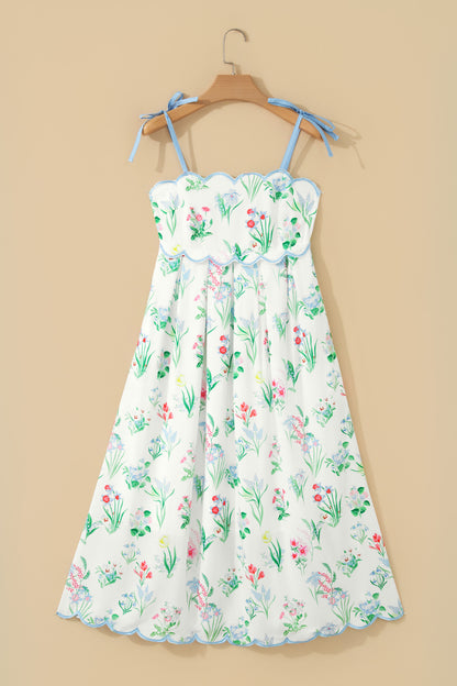Floral Contrast Trim Tie Strap Midi Dress