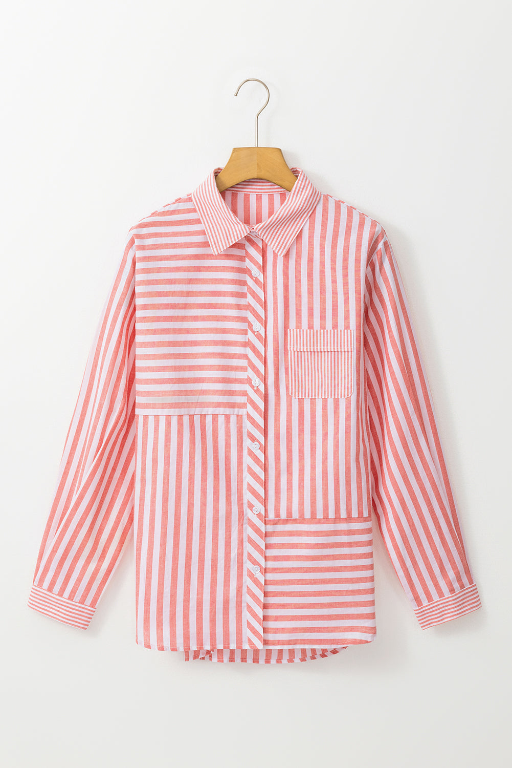 Stripe Patchwork Buttoned Collar Long Sleeve Shirt