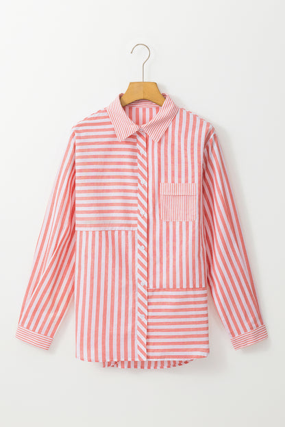 Stripe Patchwork Buttoned Collar Long Sleeve Shirt