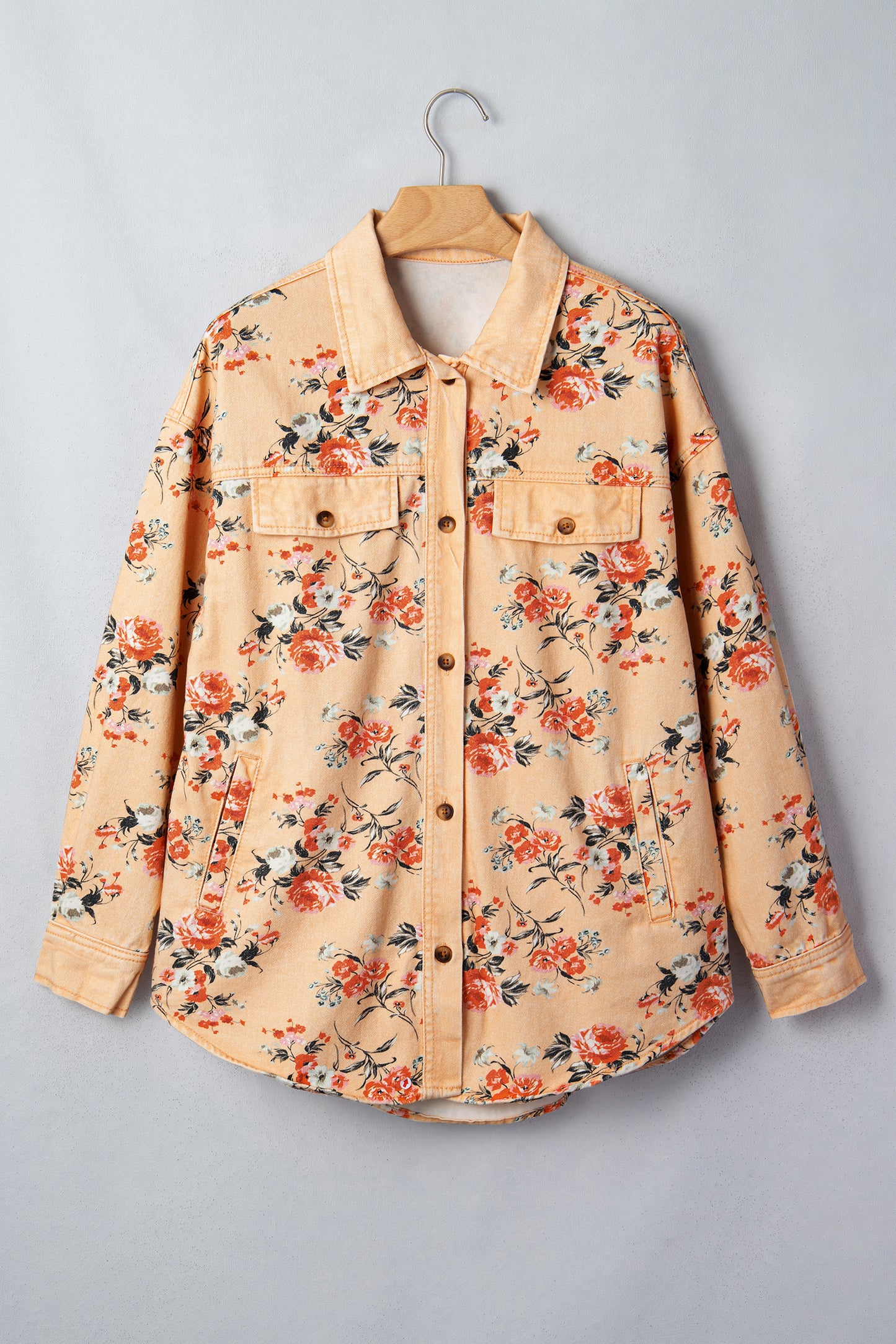 Floral Denim Buttoned Long Sleeve Tunic Jacket