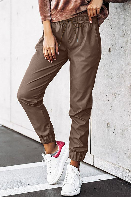 Leather Tie-Waist Pocketed Jogger Pants