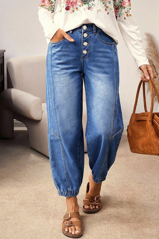 Denim Buttoned Fly Tapered Barrel Leg Jeans