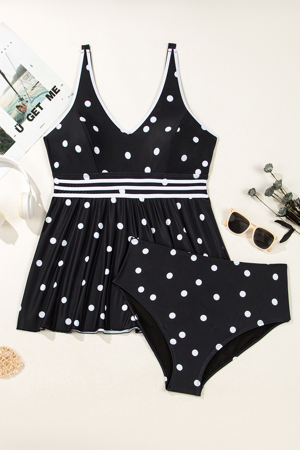 Plus Size Polka Dot V-Neck Swim Dress