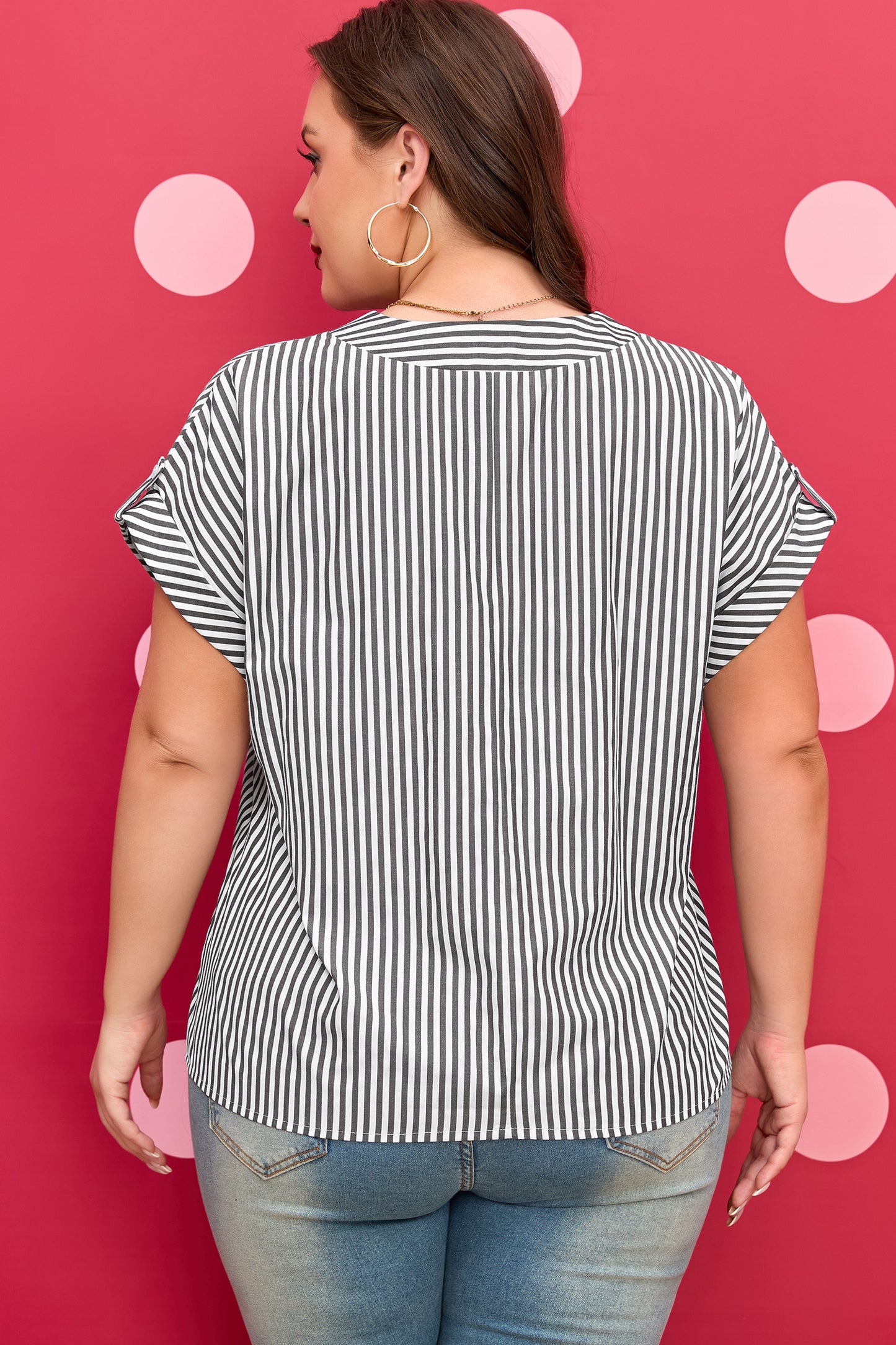 Plus Size Stripe V-Neck Dolman Sleeve Blouse