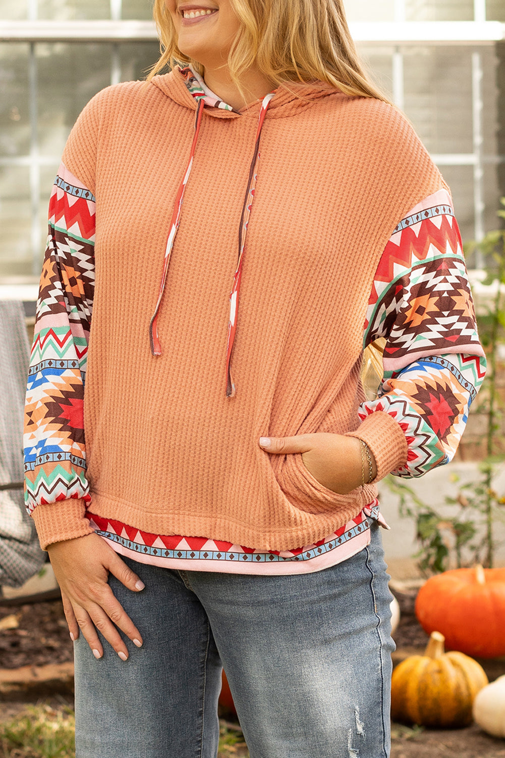 Plus Size Aztec Waffle Knit Hoodie