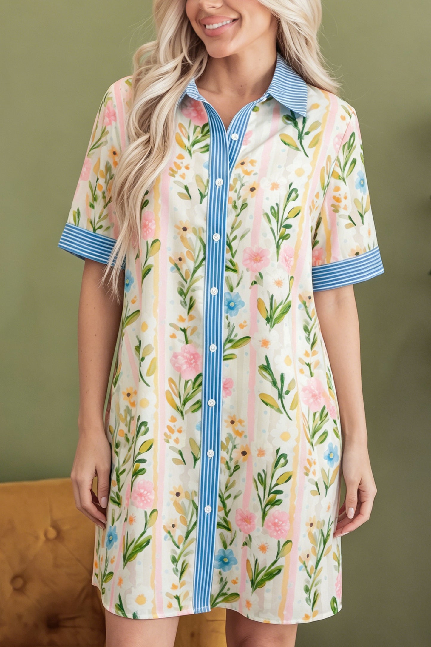 Floral Stripe Trim Button Down Dress