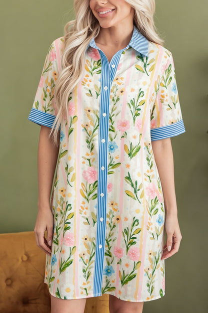 Floral Stripe Trim Button Down Dress