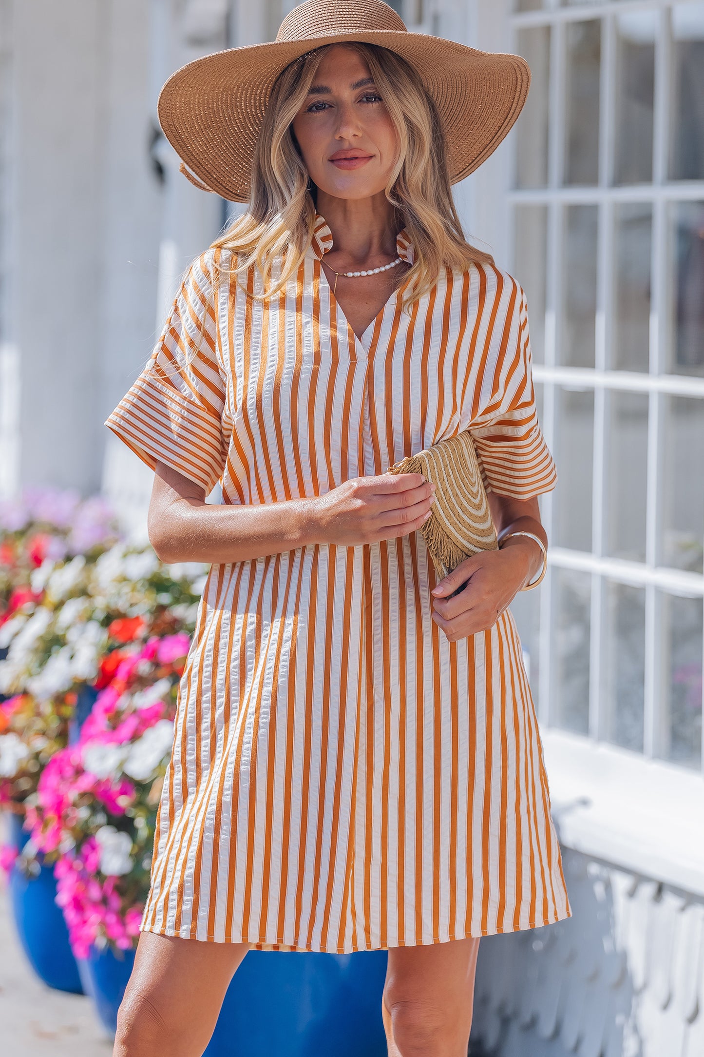 Stripe Pleated Frilled V-Neck Mini Dress
