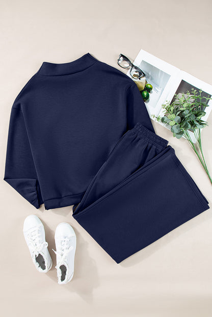 Solid Cowl Neck Pullover & Wide Leg Pants Set