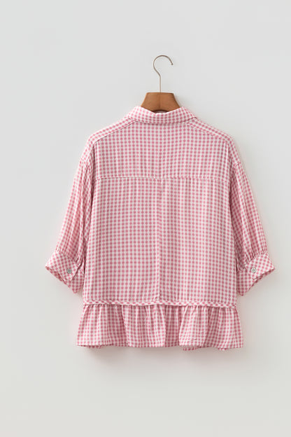 Gingham Plaid 3/4 Sleeve Ruffle Buttoned Shirt
