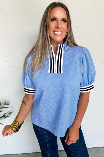 Stripe Trim Split Neck Puff Sleeve Textured Top