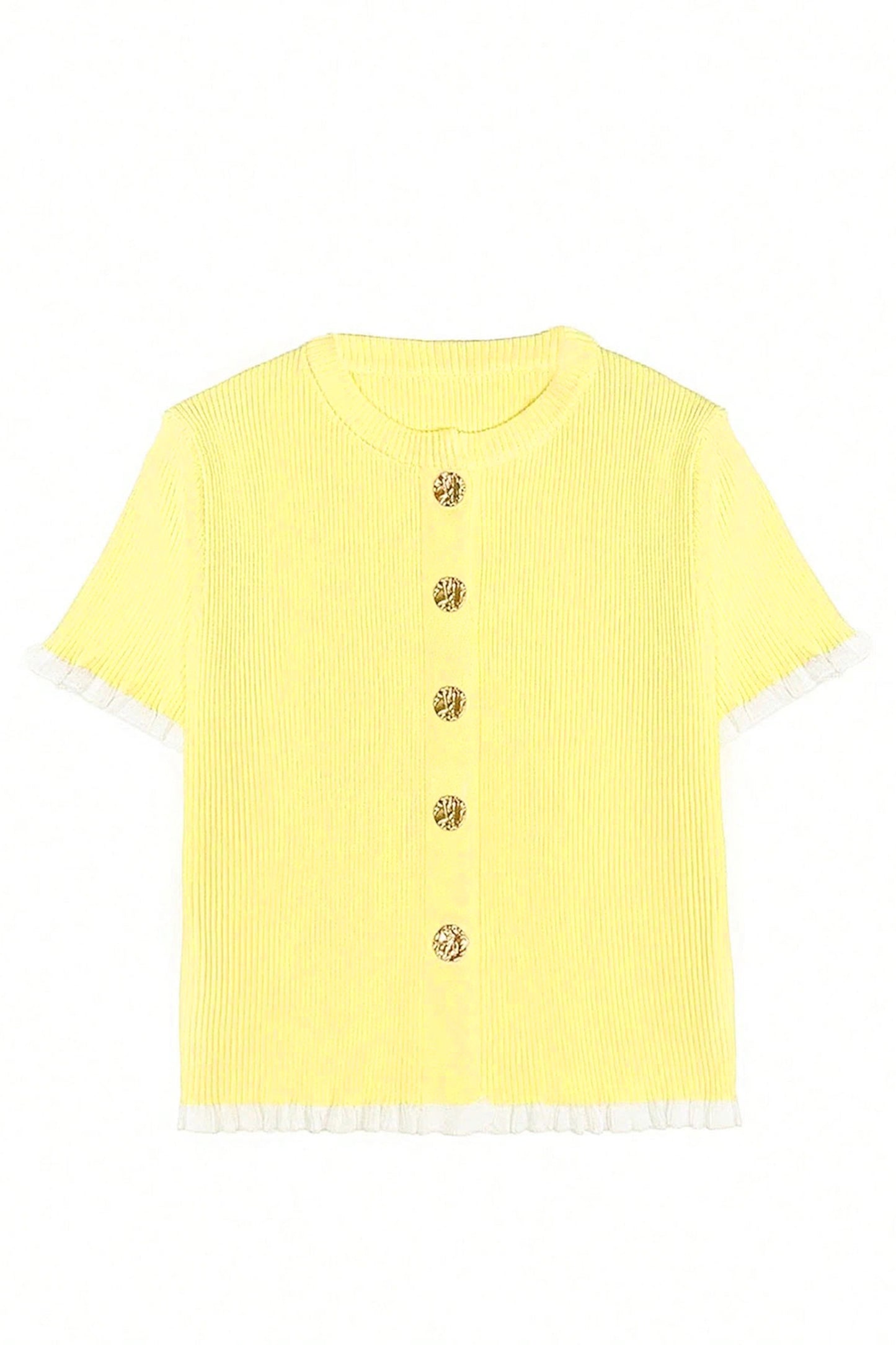 Solid Ribbed Frilled Short Sleeve Sweater Cardigan