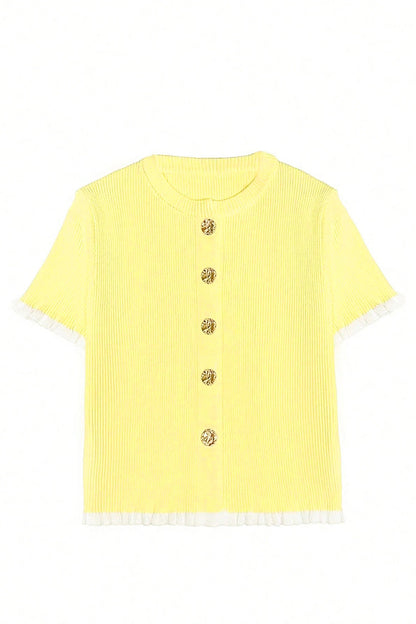 Solid Ribbed Frilled Short Sleeve Sweater Cardigan