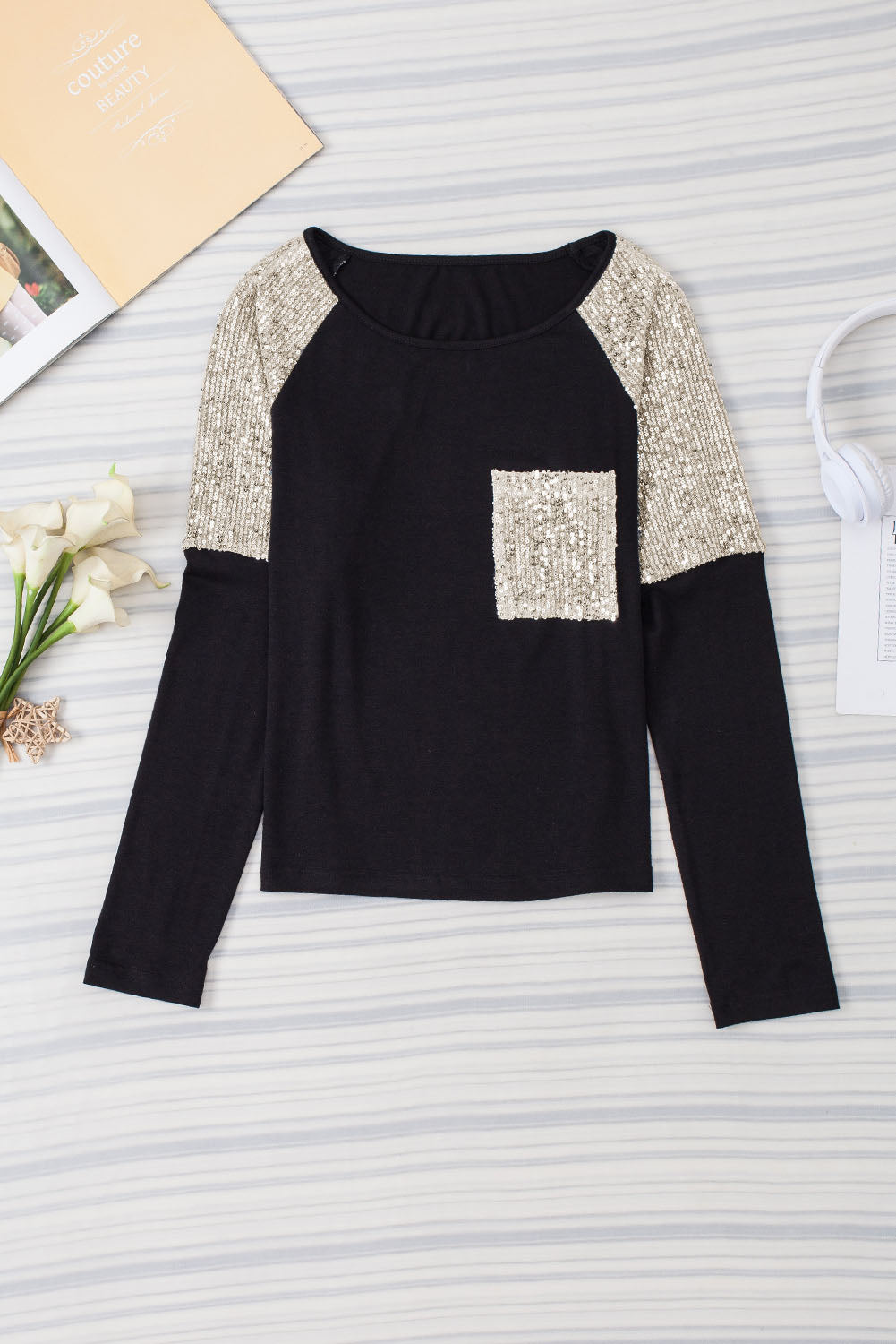 Sequin Patchwork Raglan Sleeve Top