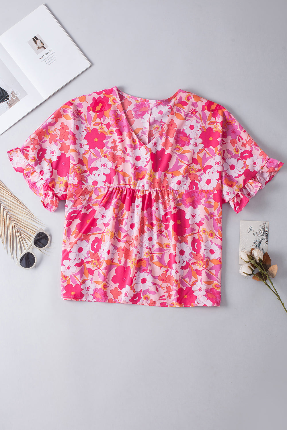 Plus Size Floral Ruffle Sleeve Blouse