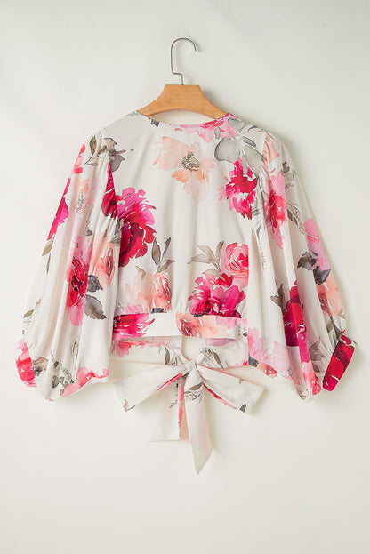 Floral 3/4 Sleeve Lace-up Blouse