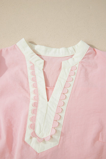 Scallop Trim Colorblock Puff Sleeve Mini Dress