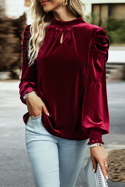 Red Mock Neck Puff Sleeve Velvet Blouse