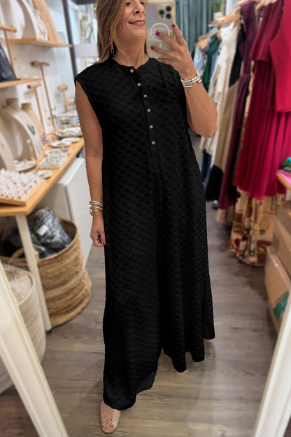 Checker Textured Sleeveless Wide Leg Jumpsuit