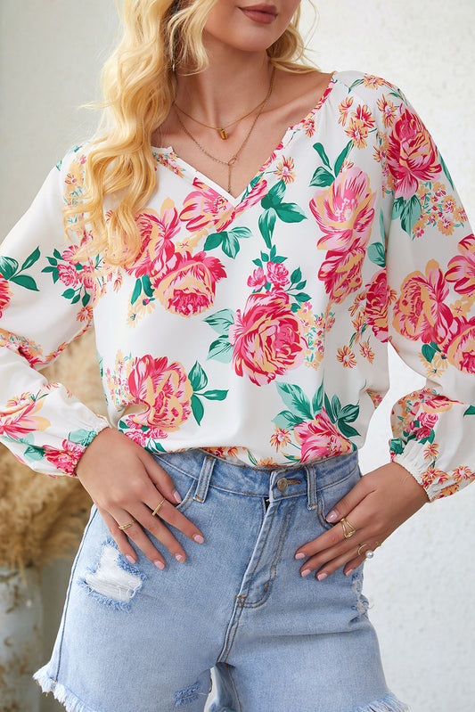 Floral Pleated Notch V-Neck Blouse