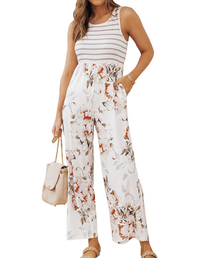 Floral Stripe Colorblock Sleeveless Jumpsuit