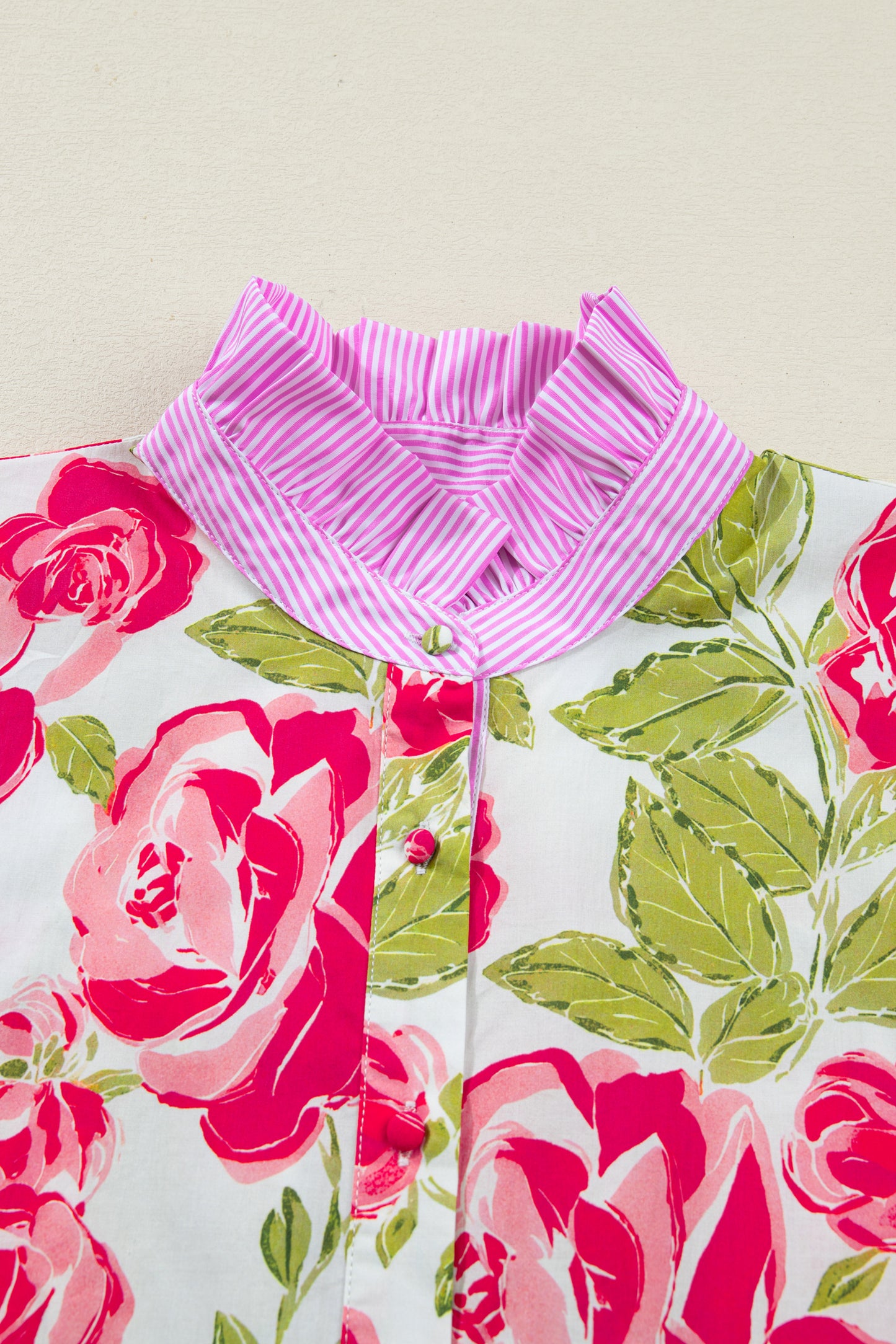 Floral Stripe Trim Frilled Collar Short Sleeve Shirt