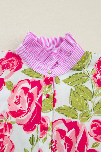 Floral Stripe Trim Frilled Collar Short Sleeve Shirt