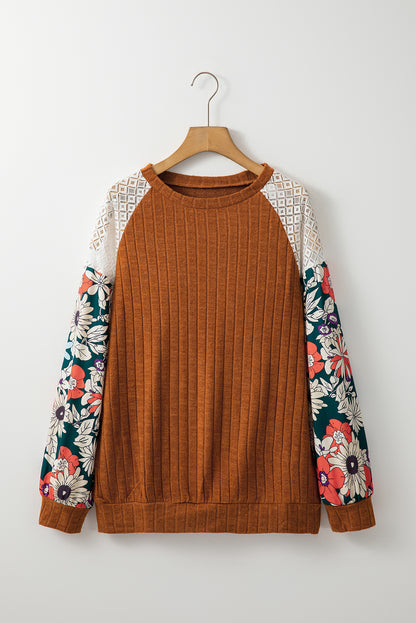 Floral Ribbed Patchwork Long Sleeve Blouse