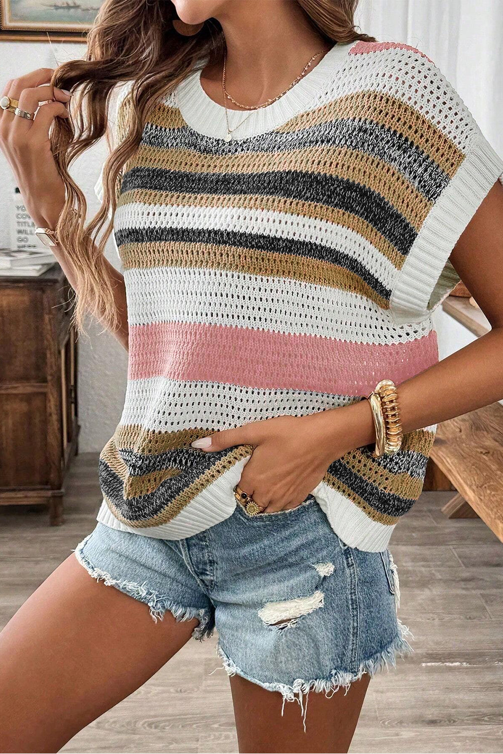 Stripe Eyelet Knit Sweater Tee