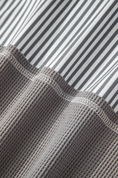 Stripe Waffle Patchwork Hooded Long Sleeve Top