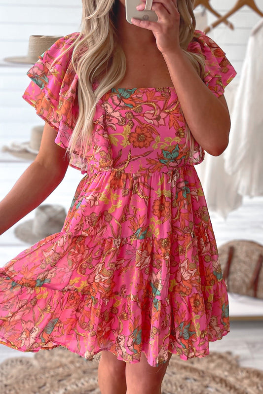 Floral Ruffle Sleeve Tiered Dress